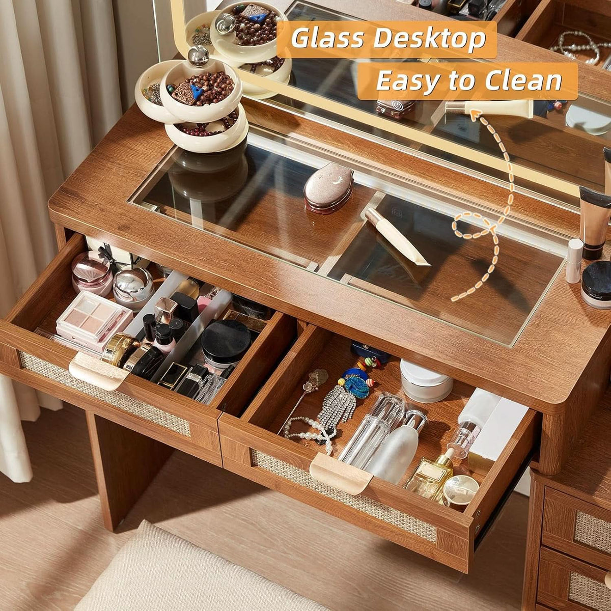 Rattan Vanity Desk 43.5-Inch With Illuminated Mirror. Mesa de Maquillaje, mesas para dormitorios