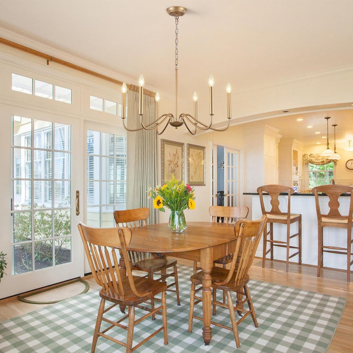Golden Farmhouse Chandelier Dining Room Six Lights
