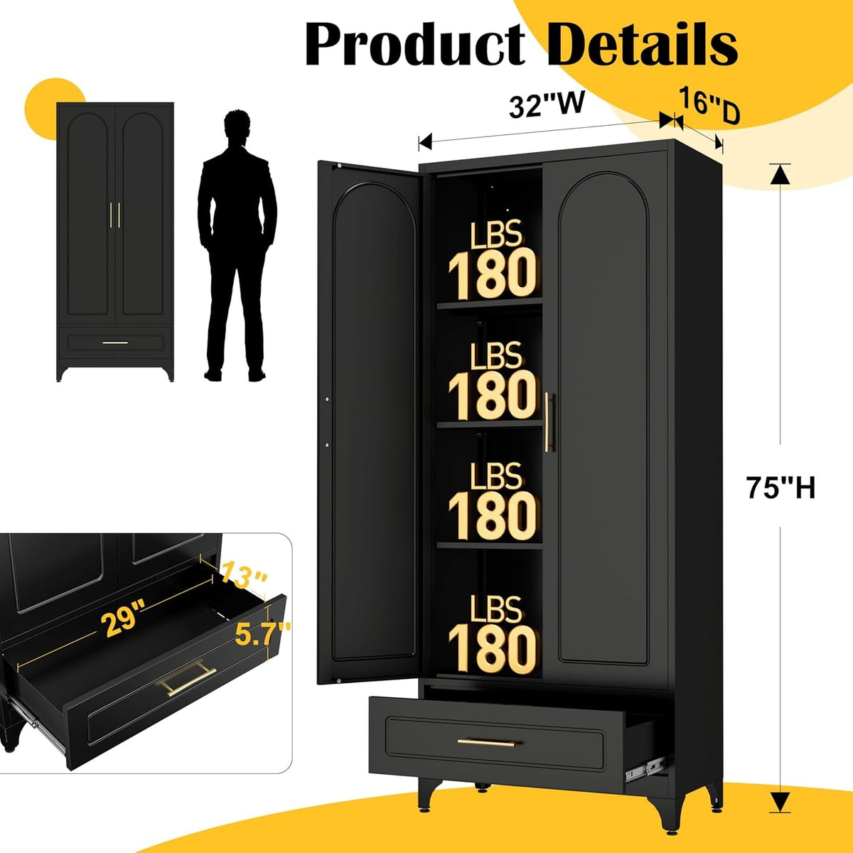 75In Black Industrial Pantry Cabinetry With Drawers