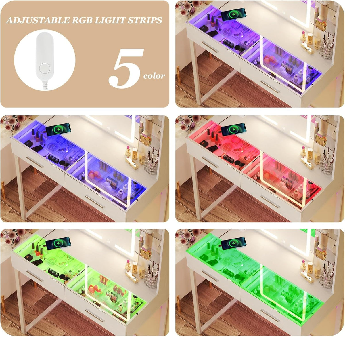 ThirtyOneInch White Vanity Desk With RgbLed Lights