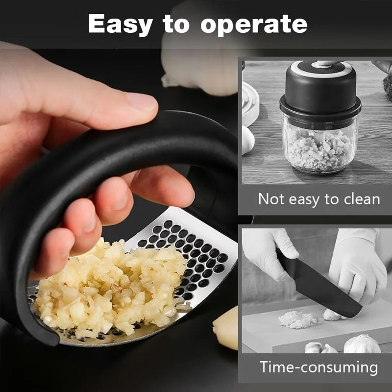Stainless Steel Garlic Press - Easy Squeeze, Dishwasher Safe, Rust-Proof, for Garlic, Ginger, Puree, No-Peel Design (Silv