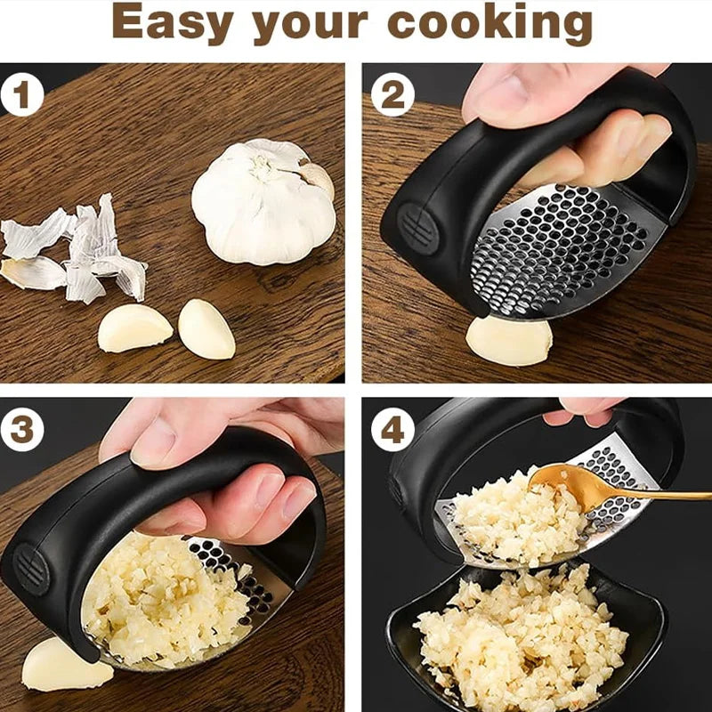 Stainless Steel Garlic Press - Easy Squeeze, Dishwasher Safe, Rust-Proof, for Garlic, Ginger, Puree, No-Peel Design (Silv