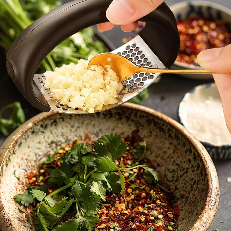 Stainless Steel Garlic Press - Easy Squeeze, Dishwasher Safe, Rust-Proof, for Garlic, Ginger, Puree, No-Peel Design (Silv