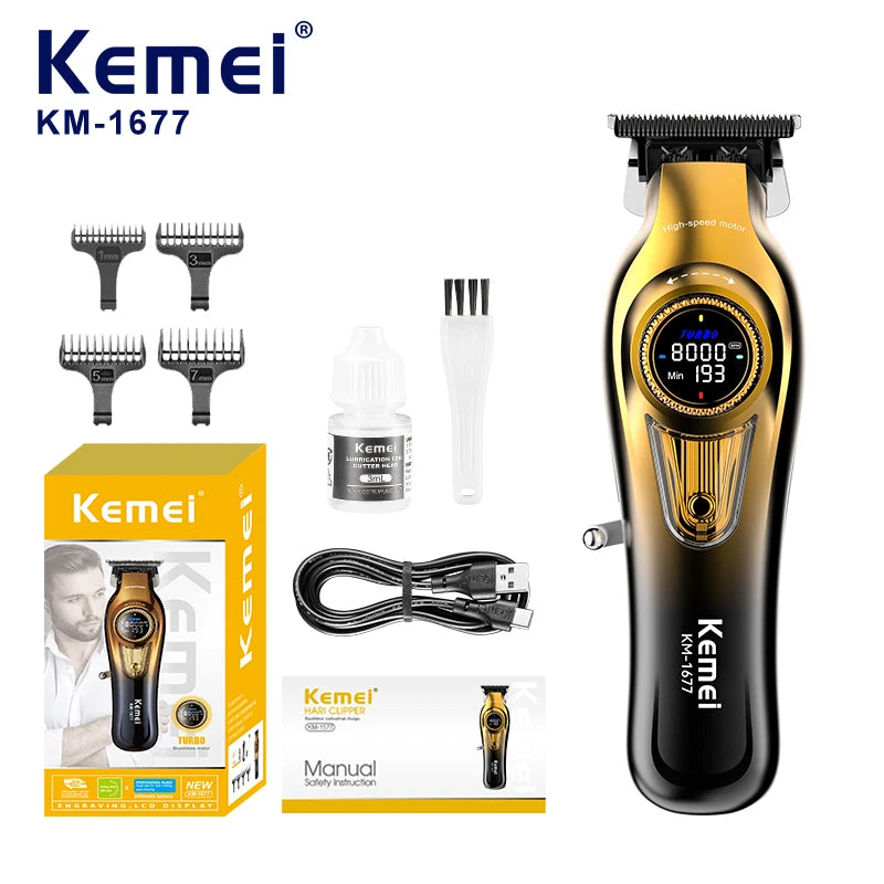 For KEMEI KM-1677 Professional Men's Hair Cutting Pusher 8000 RPM Motor USB Power Adjustable Powder Metallurgy Ceramic Blade 2026