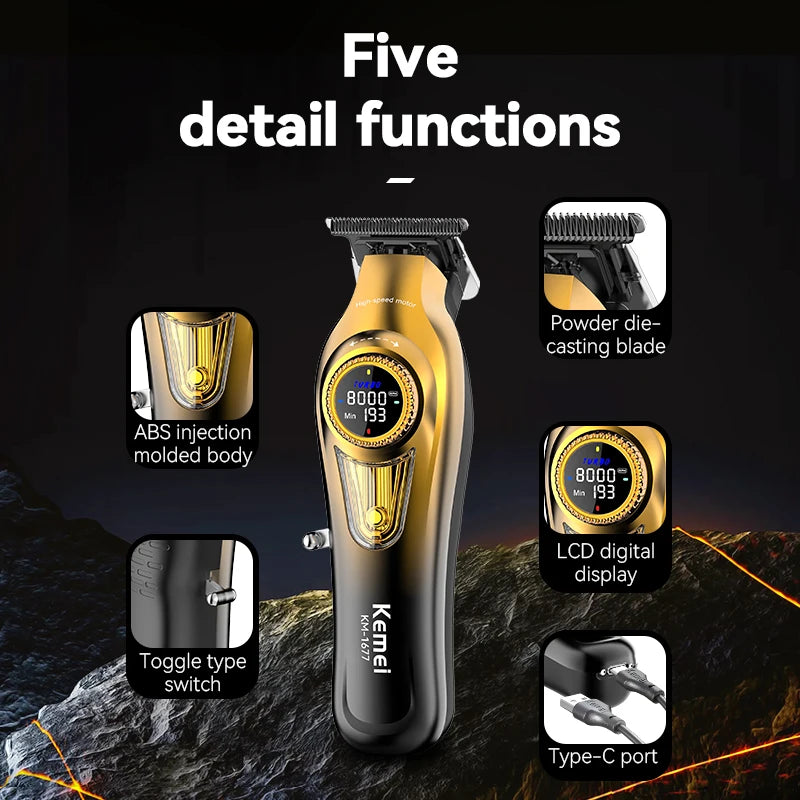 For KEMEI KM-1677 Professional Men's Hair Cutting Pusher 8000 RPM Motor USB Power Adjustable Powder Metallurgy Ceramic Blade 2026