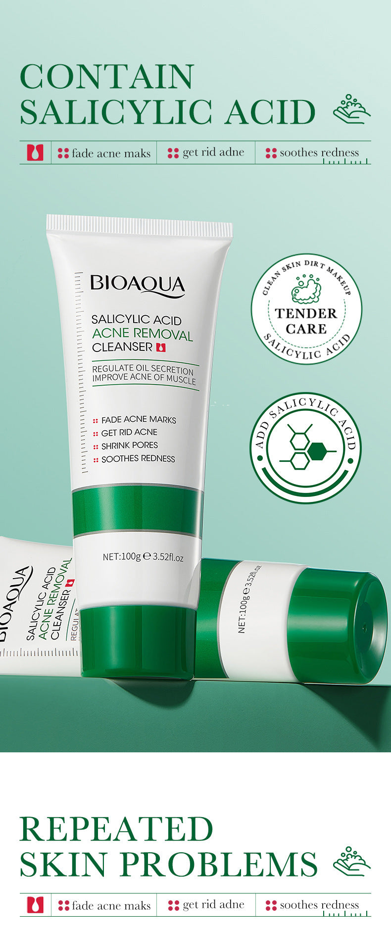 BIOAQUA Salicylic Acid Facial Cleanser Acne Treatment Moisturizing Oil Control skincare Face Wash Foam Face Cleanser Skin Care.2026 CREMA FACIAL DE ACIDO SALISILICO MEJORA LA APRIENCIA FACIAL Y ACTUA CONTRA EL ACNES. PROTEGE Y RESTABLECE LA ELASTICIDAD