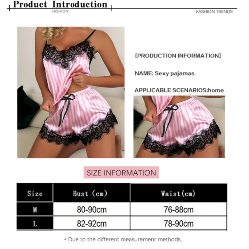 Two Piece Summer Ice Silk Women's V-Neck Sexy Lace Suspender Pajama Shorts Set Casual Women's Sleeveless Sexy  Homewear
