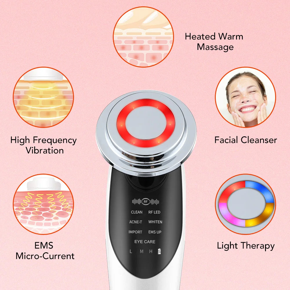 Masajeador Facial EMS 7 en 1 — Lifting Facial, Aclara la Piel, Limpieza Profunda, Infusión de Esencias, Máquina de Belleza para el Cuidado de la Piel.