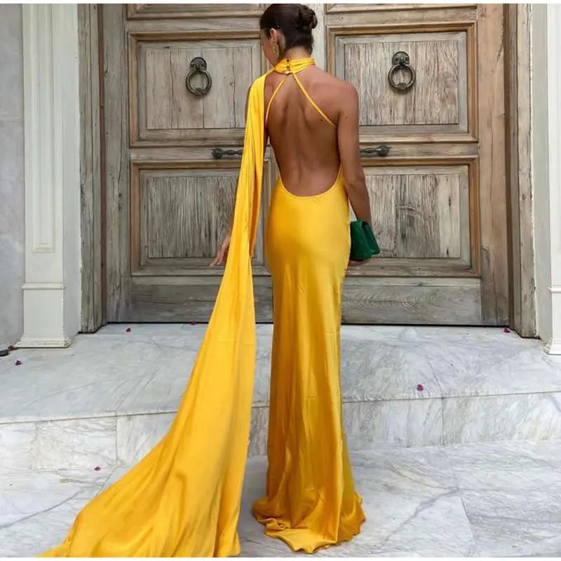 Elegant Ribbon Halter Dress Women Solid Off Shoulder Sleeveless Backless Slim Maxi Dresses 2025 Summer Autumn Party Robes Lady 2026 Vestido Elegante Para Ocasión Especial