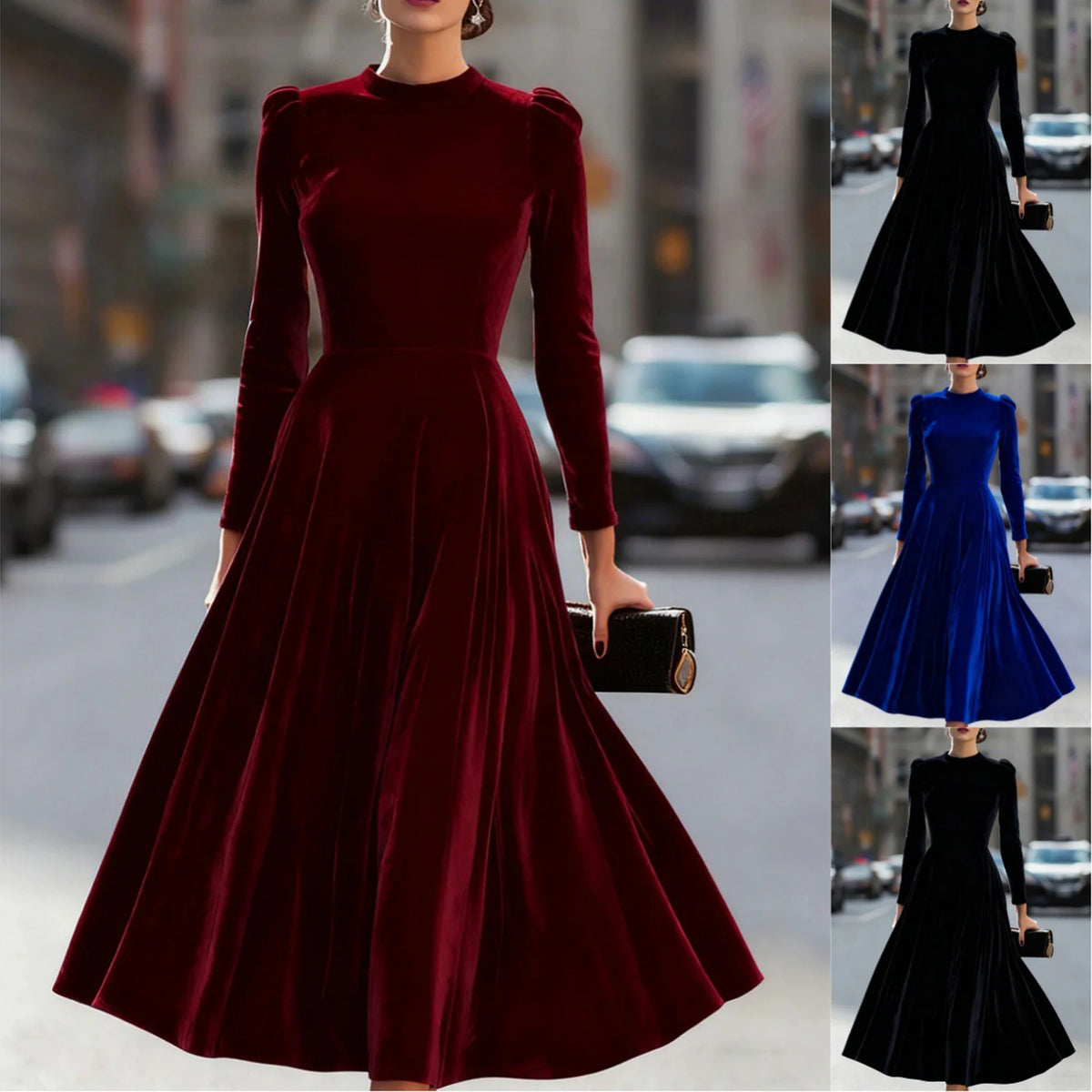 Modern European Elegance Women's Comfortable Velvet Dress Spring Autumn Solid Color Round Neck Long Long Dresses Elegant Women's Dress, vestido