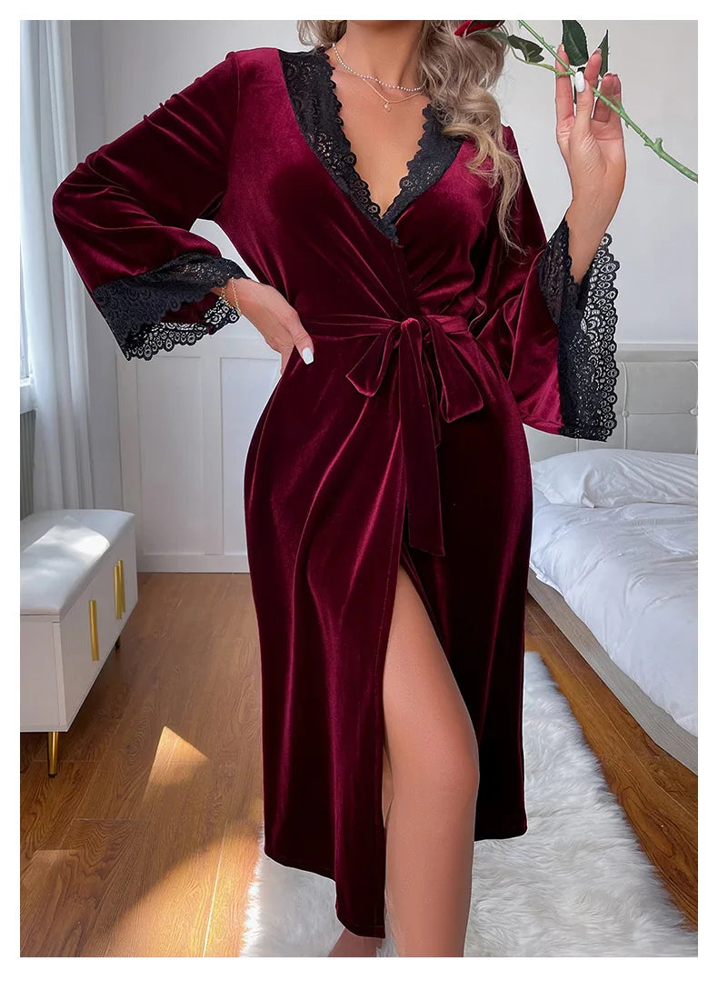 Sexy Lace Up Velour Long Robe Nightwear Women's Sleepwear Burgundy Kimono Bathrobe Gown Intimate Lingerie Autumn New Homewear 2026