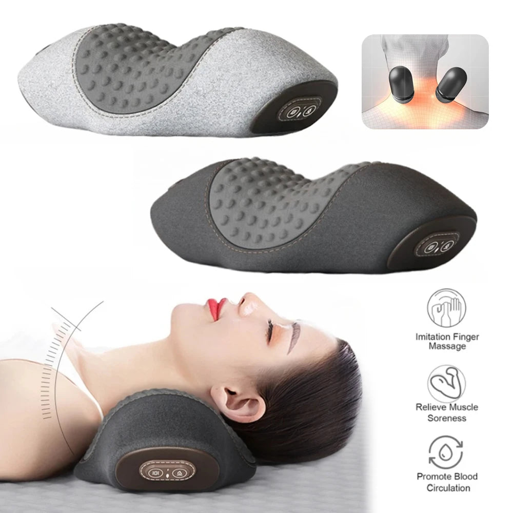 Cojín Masajeador de Cuello Eléctrico — Estirador Cervical con Calor, Vibración y Masaje, Tracción para la Espalda, Almohada Ortopédica para Dormir con Soporte
