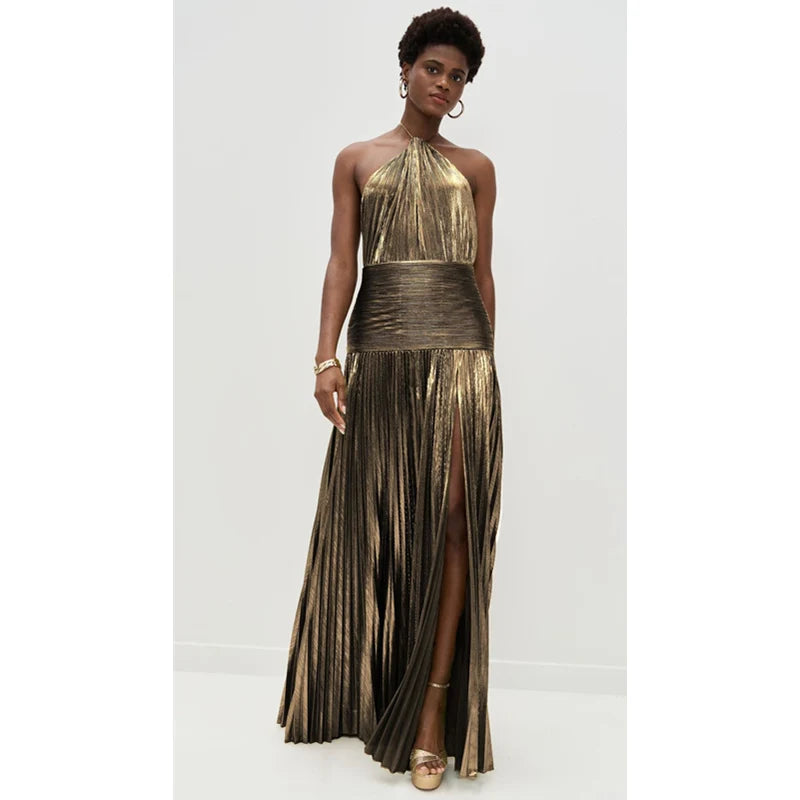 Luxurious Women Corset Party Cocktail Dress Sexy Off Shoulder Halter Folds Slit Guest Celebrity Long Dress Celebrity Prom Gown 2026 GOLD FASHION. VESTIDO PARA OCASION ELEGANTE