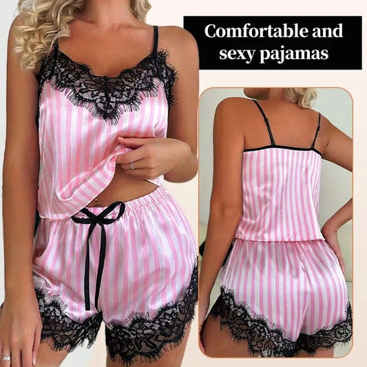 Two Piece Summer Ice Silk Women's V-Neck Sexy Lace Suspender Pajama Shorts Set Casual Women's Sleeveless Sexy  Homewear