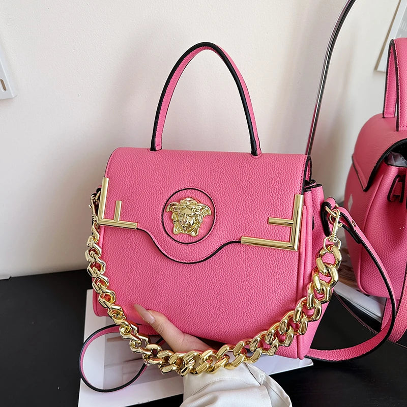 Chic Luxe Medusa-Inspired Handbag Leather-Texture PU Large Capacity Flap Magnetic Chain Adjustable Strap Crossbody Bag for Daily 2026