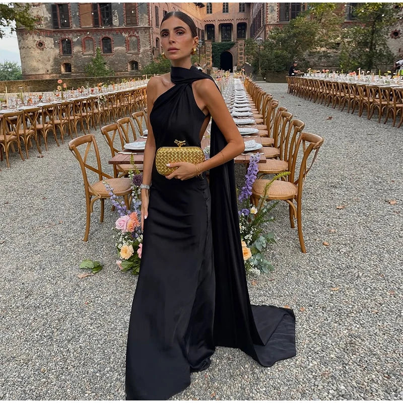 Elegant Ribbon Halter Dress Women Solid Off Shoulder Sleeveless Backless Slim Maxi Dresses 2025 Summer Autumn Party Robes Lady 2026 Vestido Elegante Para Ocasión Especial