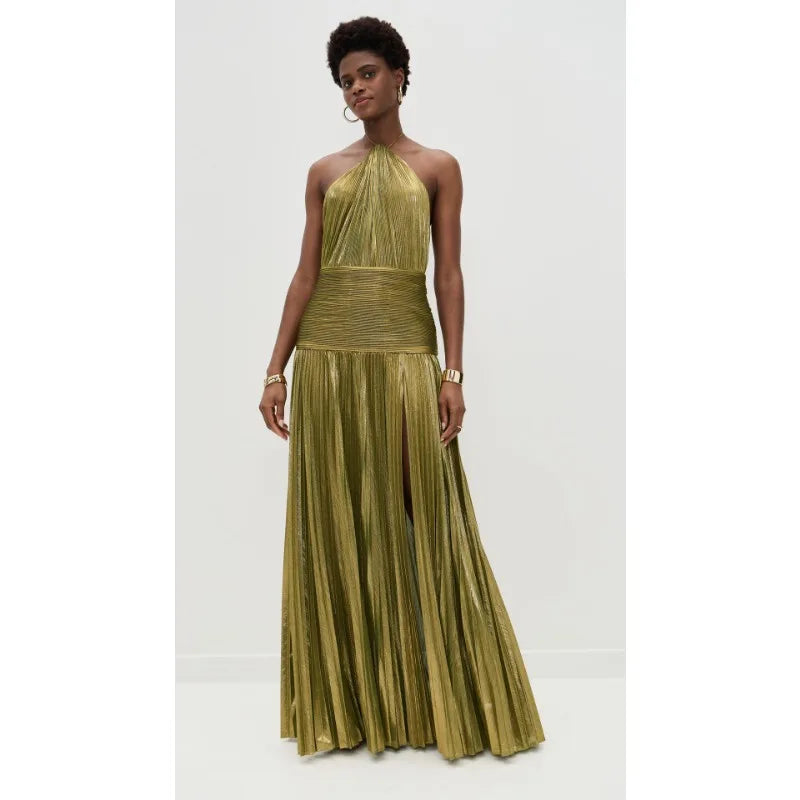 Luxurious Women Corset Party Cocktail Dress Sexy Off Shoulder Halter Folds Slit Guest Celebrity Long Dress Celebrity Prom Gown 2026 GOLD FASHION. VESTIDO PARA OCASION ELEGANTE