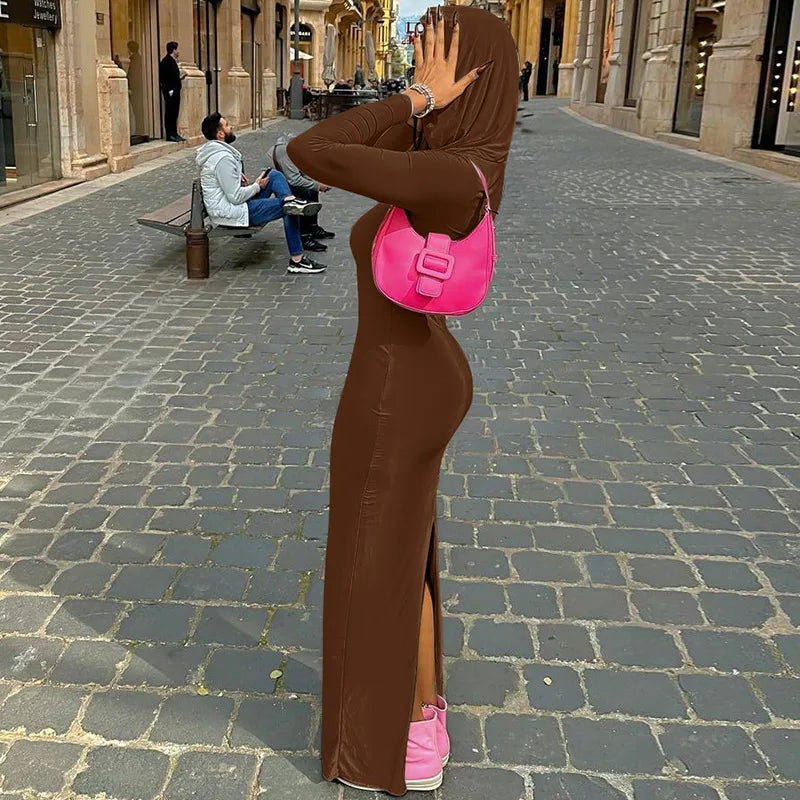 Hooded Long Dress For Women Y2k Clothes Sexy Streetwear Long Sleeve Bodycon Vestidos De Mujer Solid Robe Femme Été Back Split Diva 2026