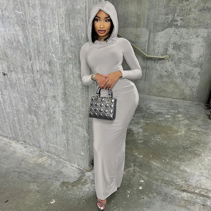 Hooded Long Dress For Women Y2k Clothes Sexy Streetwear Long Sleeve Bodycon Vestidos De Mujer Solid Robe Femme Été Back Split Diva 2026