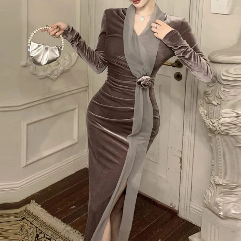 Women Vintage Velvet 3D Flower Ruched Sexy Split Elegant Party Dresses Y2K Winter V Neck Long Sleeve Bodycon Midi Dress Vestidos 2026