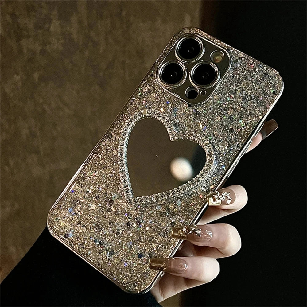 Luxury Bling Glitter Plating 3D Love Heart Mirror Sequins Case For iPhone 17 Air 16 14 15 13 12 11 Pro Max Lens Protection Cover 2026 Modern