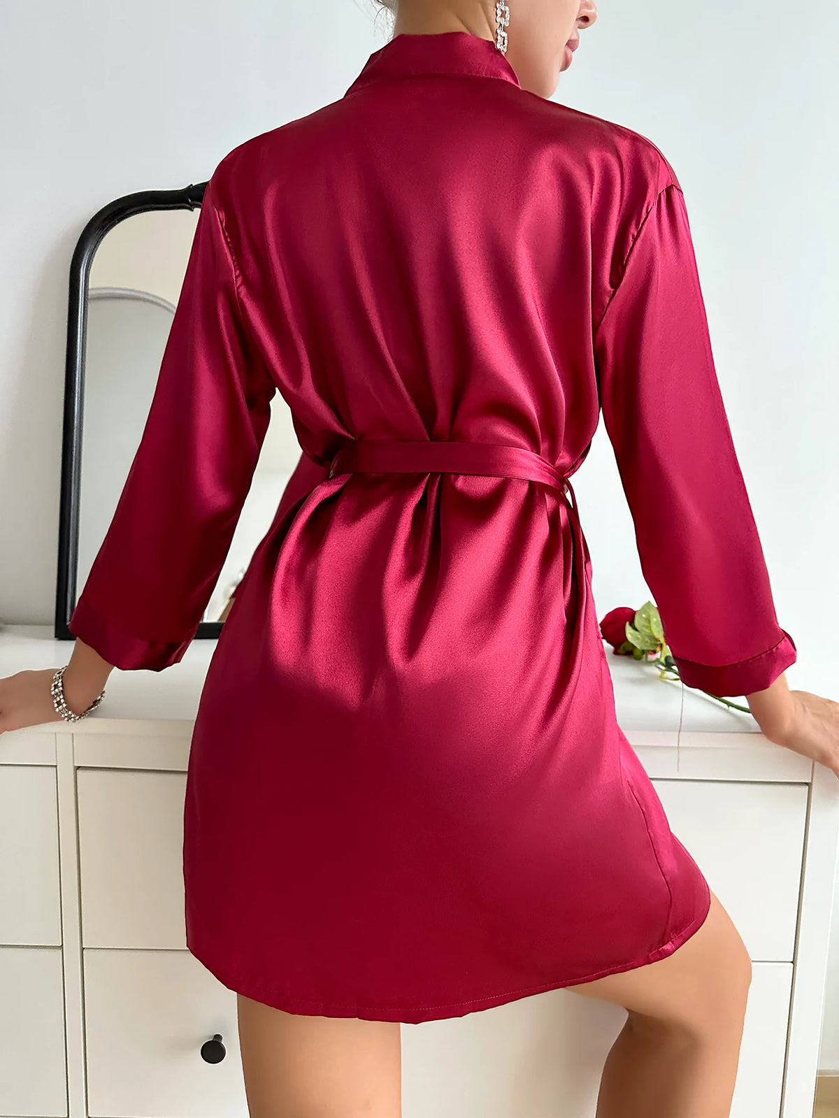 Solid Satin Pajama Set Long Sleeve Robe With Belt & Contrast Lace V Neck Slip Dress Women's Sleepwear. Sexy, 2026