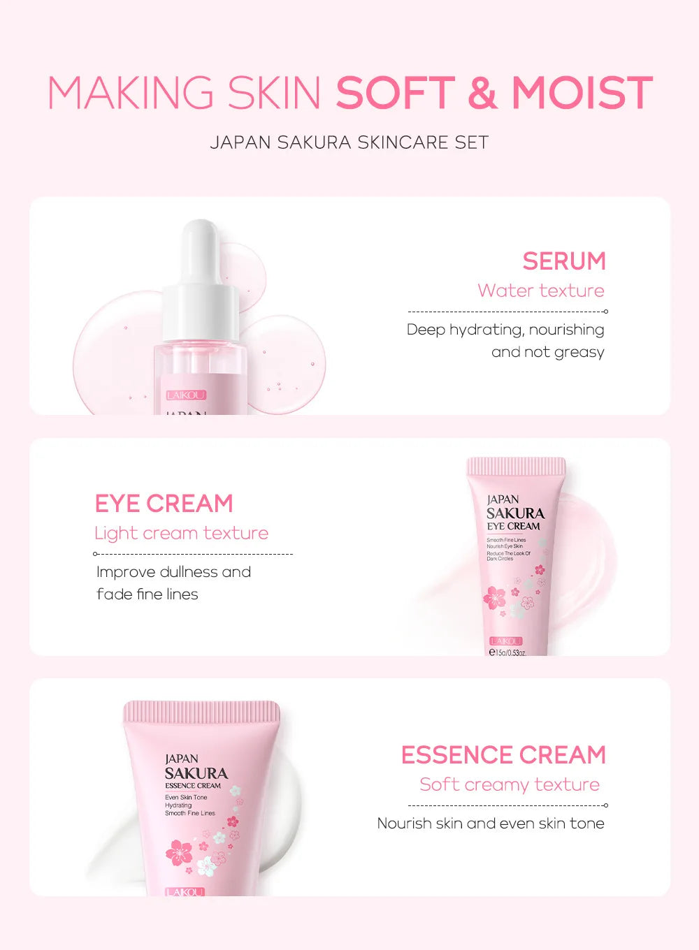 3pcs/set LAIKOU Vitamin C 24K Golden Sakura Skin Care Sets Face Cream Serum Eye Cream Moisturizing Anti Wrinkles Face Care Kit.2026 SKIN CARE REJUVENECEDOR, HUMECTANTE FACIAL