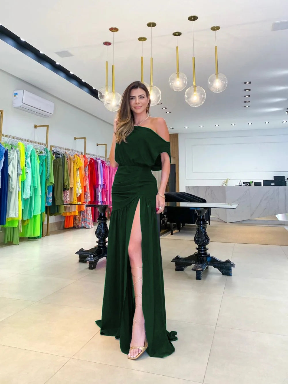 Women Straight Line Collar Dresses Short Sleeves Long Skirt Fashionable One Line Neck Split Floor Sweeping Holiday Sexy Dress 2026 Vestido Para Bodas Elegante Ocasion