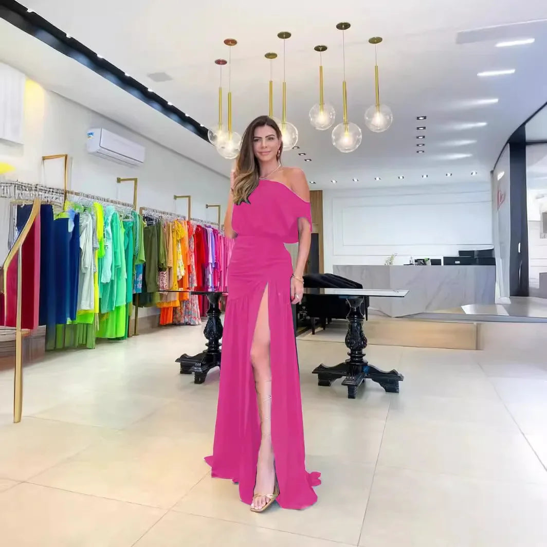 Women Straight Line Collar Dresses Short Sleeves Long Skirt Fashionable One Line Neck Split Floor Sweeping Holiday Sexy Dress 2026 Vestido Para Bodas Elegante Ocasion
