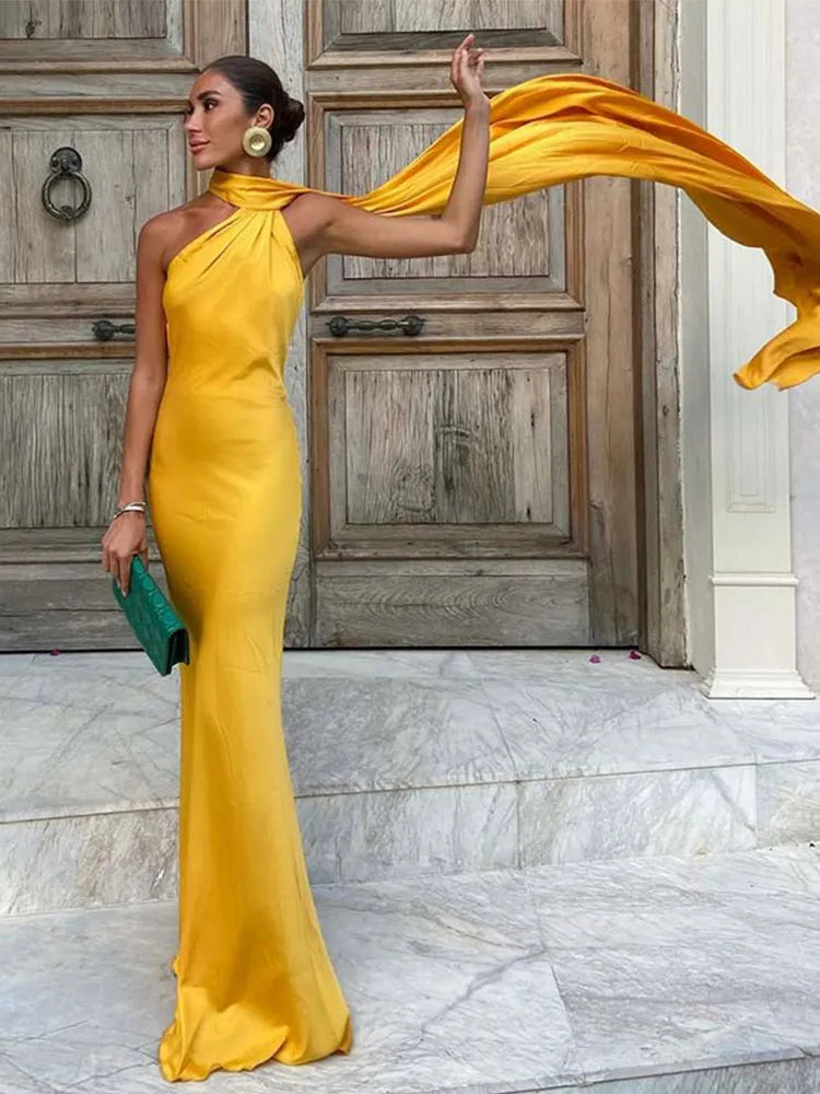 Elegant Ribbon Halter Dress Women Solid Off Shoulder Sleeveless Backless Slim Maxi Dresses 2025 Summer Autumn Party Robes Lady 2026 Vestido Elegante Para Ocasión Especial