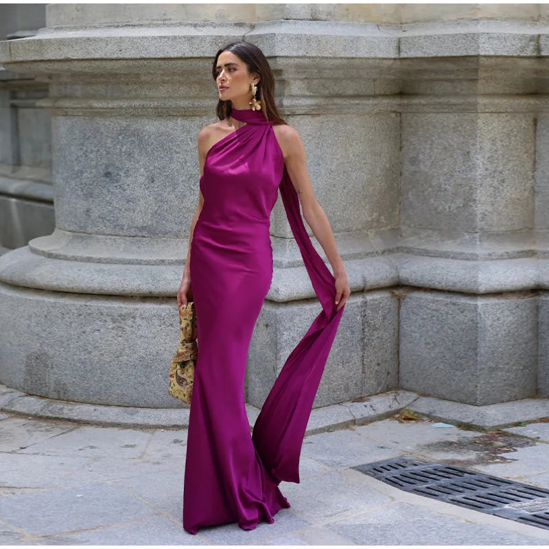 Elegant Ribbon Halter Dress Women Solid Off Shoulder Sleeveless Backless Slim Maxi Dresses 2025 Summer Autumn Party Robes Lady 2026 Vestido Elegante Para Ocasión Especial