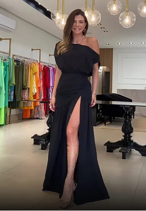 Women Straight Line Collar Dresses Short Sleeves Long Skirt Fashionable One Line Neck Split Floor Sweeping Holiday Sexy Dress 2026 Vestido Para Bodas Elegante Ocasion