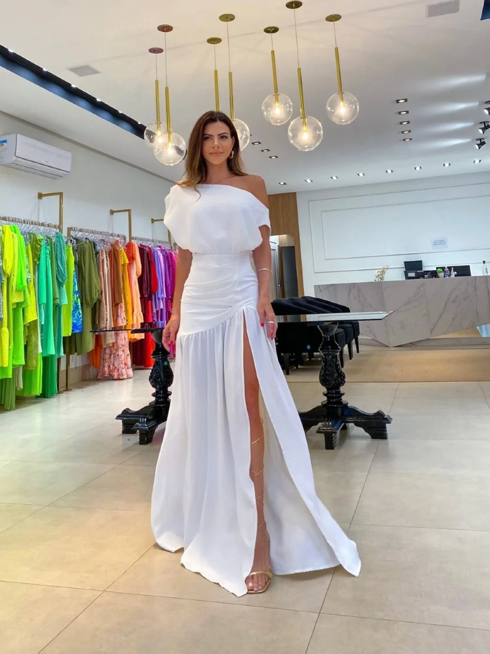 Women Straight Line Collar Dresses Short Sleeves Long Skirt Fashionable One Line Neck Split Floor Sweeping Holiday Sexy Dress 2026 Vestido Para Bodas Elegante Ocasion