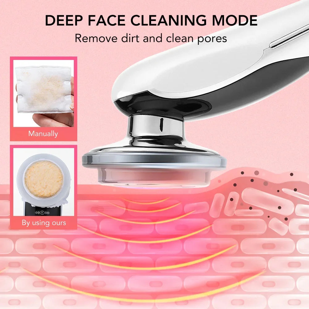 Masajeador Facial EMS 7 en 1 — Lifting Facial, Aclara la Piel, Limpieza Profunda, Infusión de Esencias, Máquina de Belleza para el Cuidado de la Piel.