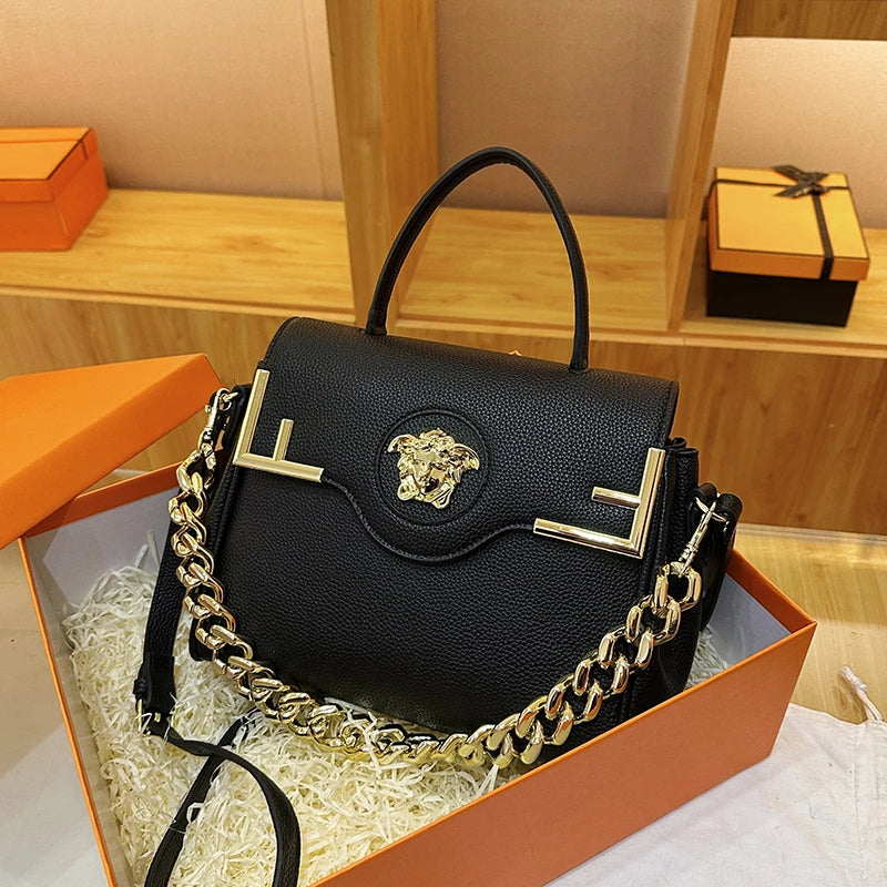 Chic Luxe Medusa-Inspired Handbag Leather-Texture PU Large Capacity Flap Magnetic Chain Adjustable Strap Crossbody Bag for Daily 2026