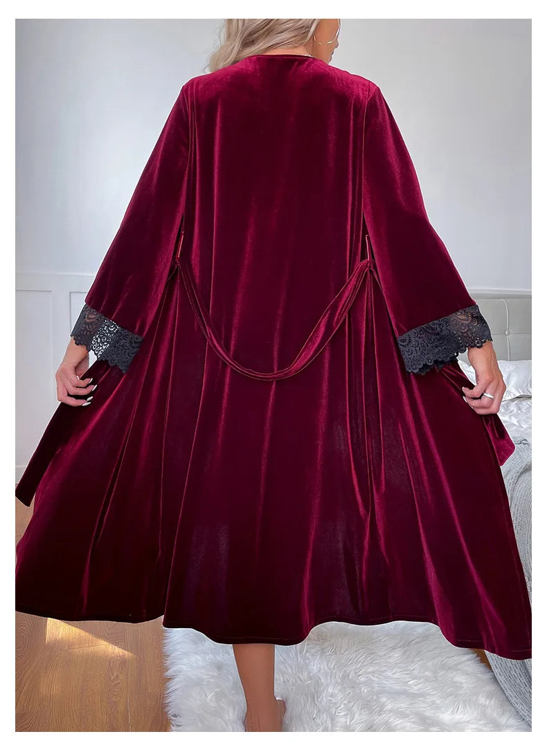 Sexy Lace Up Velour Long Robe Nightwear Women's Sleepwear Burgundy Kimono Bathrobe Gown Intimate Lingerie Autumn New Homewear 2026