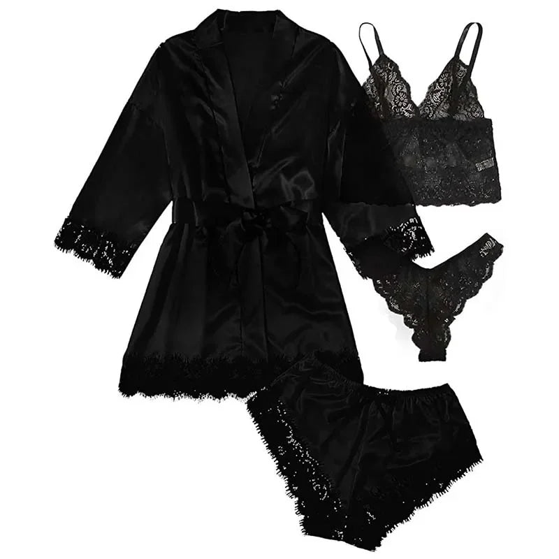 4 Pieces Woman Sleepwear Pajamas Ser With Robe Sexy Lace Lingerie Bathrobe Silk Satin Home Clothed Nightwear Robe. 2026