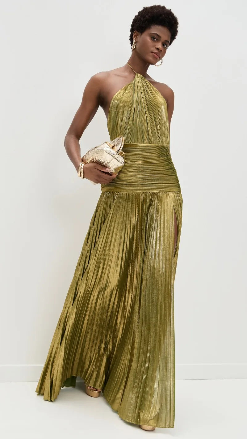 Luxurious Women Corset Party Cocktail Dress Sexy Off Shoulder Halter Folds Slit Guest Celebrity Long Dress Celebrity Prom Gown 2026 GOLD FASHION. VESTIDO PARA OCASION ELEGANTE