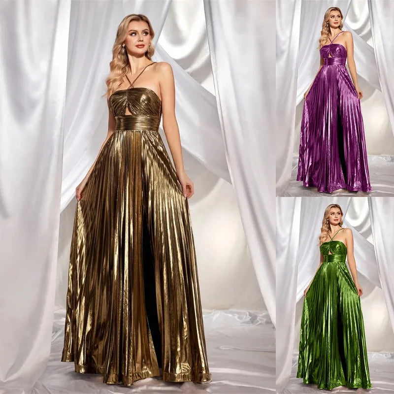 Luxurious Women Corset Party Cocktail Dress Sexy Off Shoulder Halter Folds Slit Guest Celebrity Long Dress Celebrity Prom Gown 2026 GOLD FASHION. VESTIDO PARA OCASION ELEGANTE