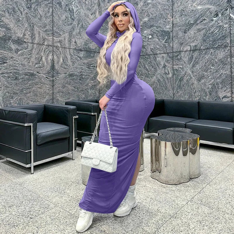 Hooded Long Dress For Women Y2k Clothes Sexy Streetwear Long Sleeve Bodycon Vestidos De Mujer Solid Robe Femme Été Back Split Diva 2026