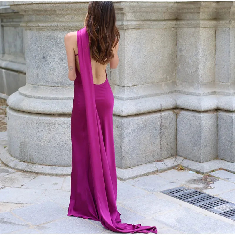 Elegant Ribbon Halter Dress Women Solid Off Shoulder Sleeveless Backless Slim Maxi Dresses 2025 Summer Autumn Party Robes Lady 2026 Vestido Elegante Para Ocasión Especial