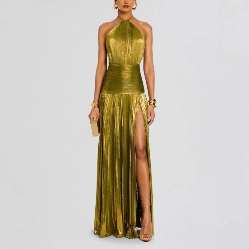 Luxurious Women Corset Party Cocktail Dress Sexy Off Shoulder Halter Folds Slit Guest Celebrity Long Dress Celebrity Prom Gown 2026 GOLD FASHION. VESTIDO PARA OCASION ELEGANTE