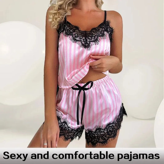 Two Piece Summer Ice Silk Women's V-Neck Sexy Lace Suspender Pajama Shorts Set Casual Women's Sleeveless Sexy  Homewear
