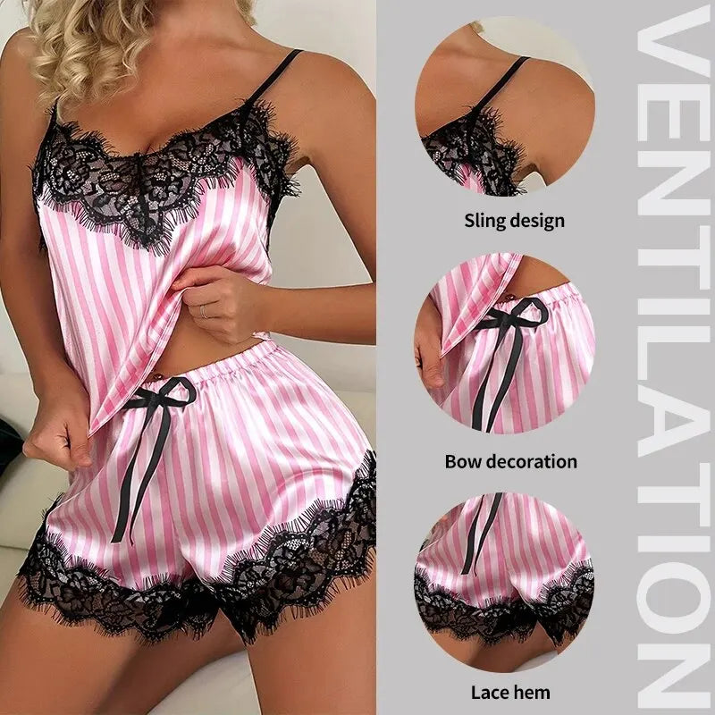Two Piece Summer Ice Silk Women's V-Neck Sexy Lace Suspender Pajama Shorts Set Casual Women's Sleeveless Sexy  Homewear