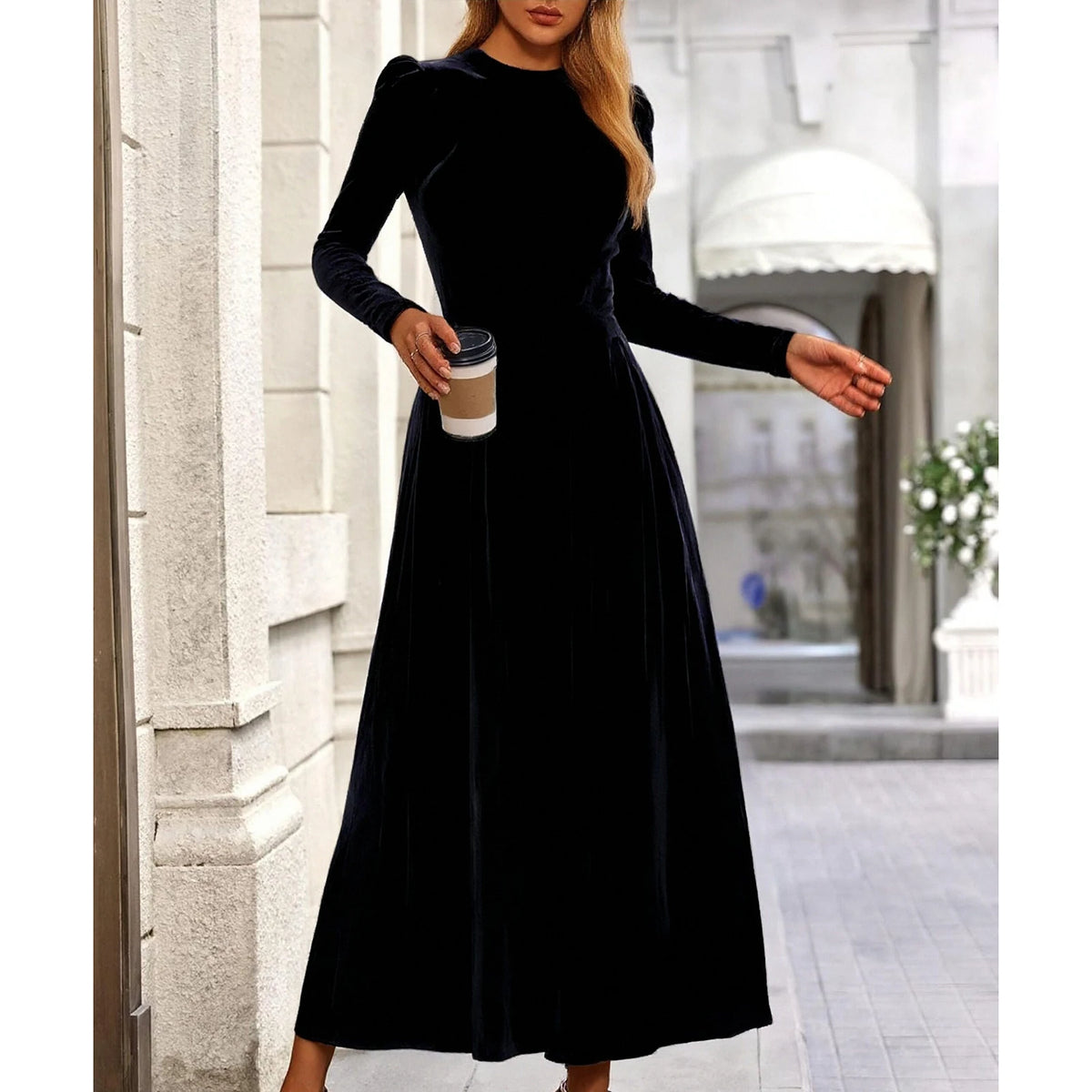 Modern European Elegance Women's Comfortable Velvet Dress Spring Autumn Solid Color Round Neck Long Long Dresses Elegant Women's Dress, vestido