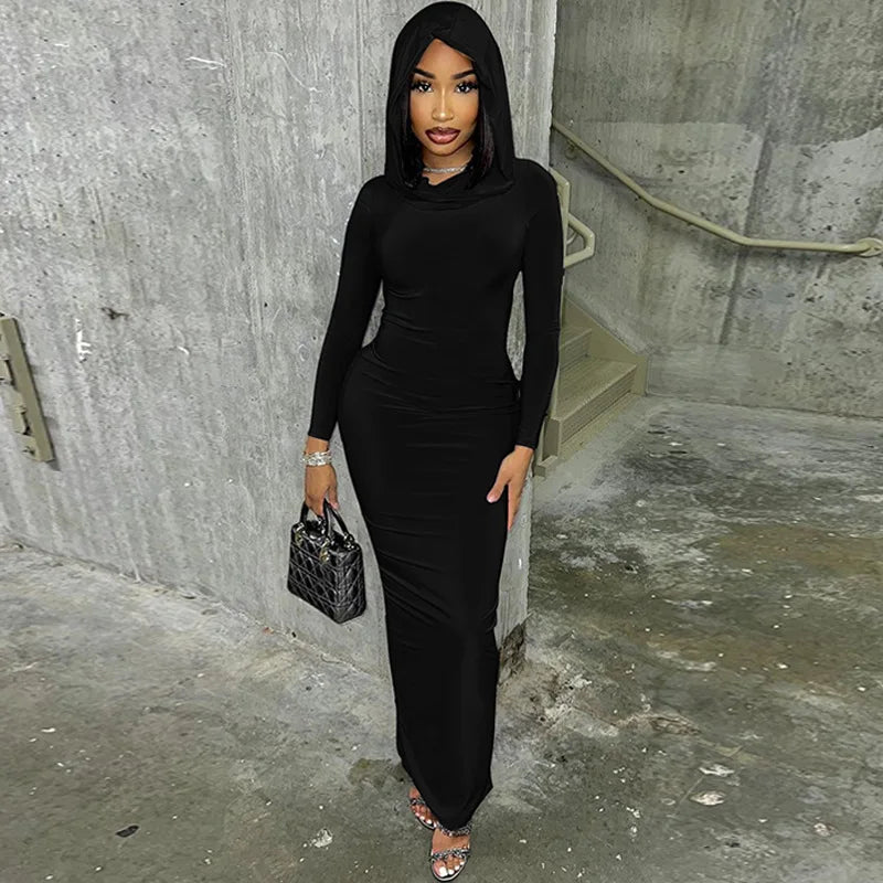 Hooded Long Dress For Women Y2k Clothes Sexy Streetwear Long Sleeve Bodycon Vestidos De Mujer Solid Robe Femme Été Back Split Diva 2026