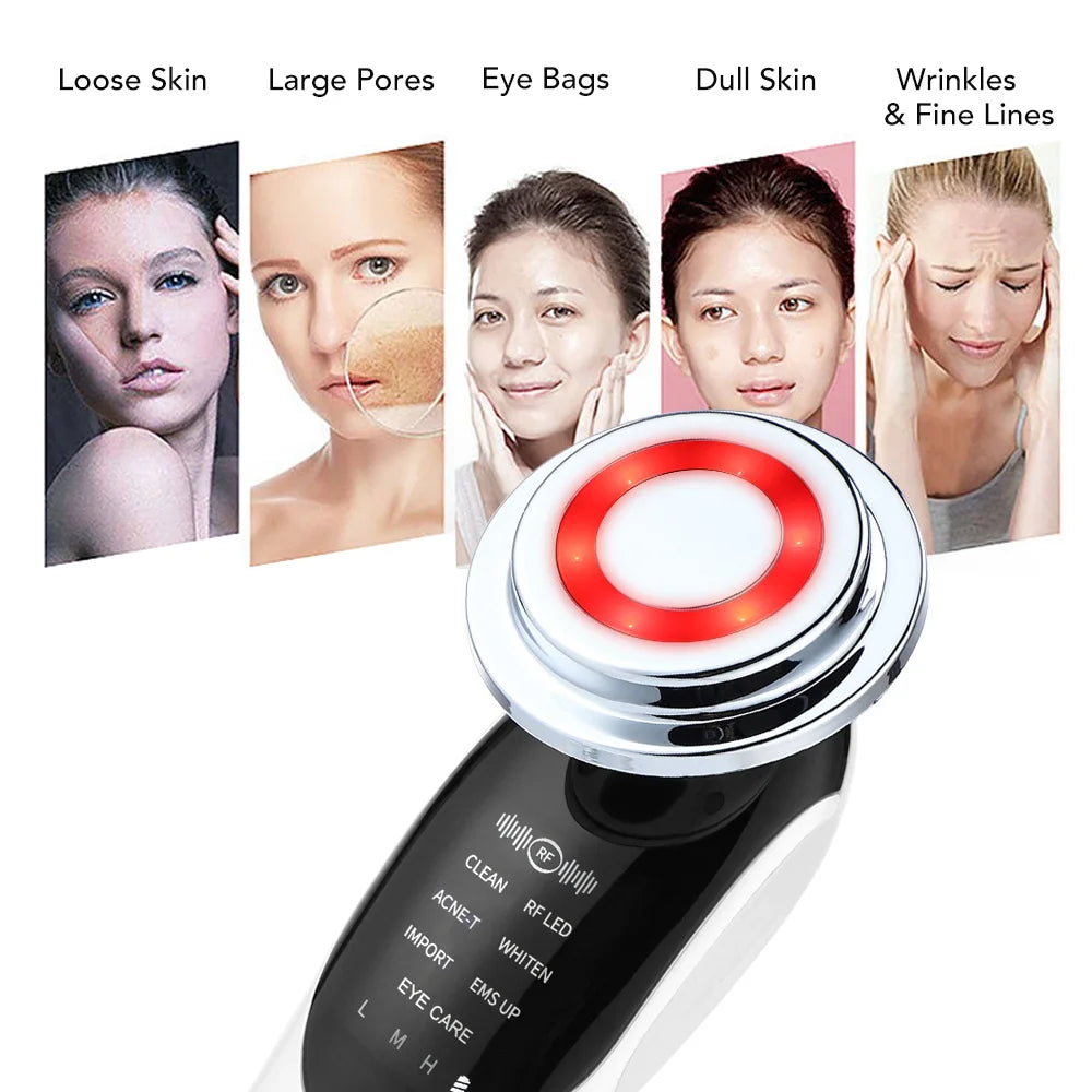 Masajeador Facial EMS 7 en 1 — Lifting Facial, Aclara la Piel, Limpieza Profunda, Infusión de Esencias, Máquina de Belleza para el Cuidado de la Piel.