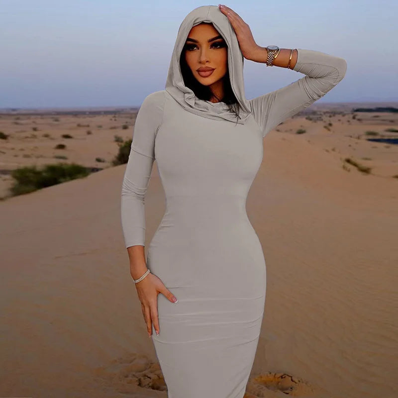 Hooded Long Dress For Women Y2k Clothes Sexy Streetwear Long Sleeve Bodycon Vestidos De Mujer Solid Robe Femme Été Back Split Diva 2026