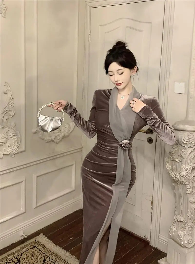 Women Vintage Velvet 3D Flower Ruched Sexy Split Elegant Party Dresses Y2K Winter V Neck Long Sleeve Bodycon Midi Dress Vestidos 2026