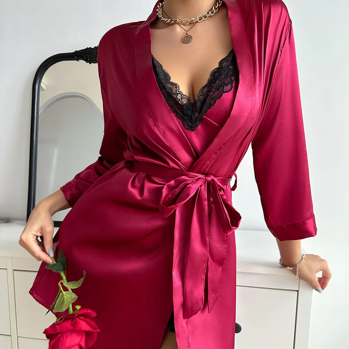 Solid Satin Pajama Set Long Sleeve Robe With Belt & Contrast Lace V Neck Slip Dress Women's Sleepwear. Sexy, 2026